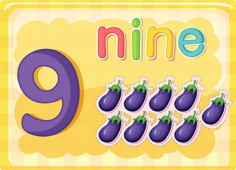 Illustrated flash card showing the number 9