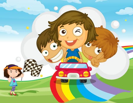 Illustration of kids racing on a rainbow