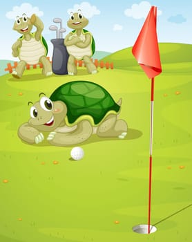 illustration of tortoise playing golf on golf ground