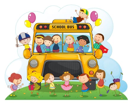 illustration of kids with school bus on a white background