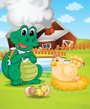 illustration of farm house, crocodile, hen and chicken