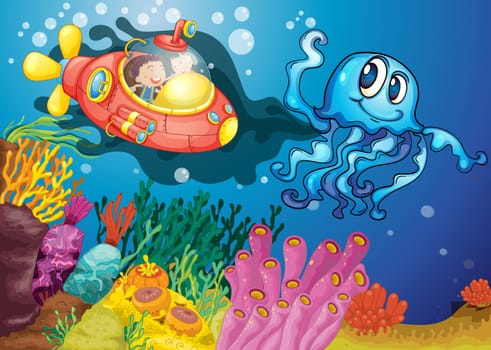 illustration of octopus and kids in submarine