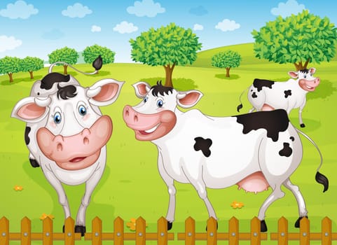 illustrtion of cows grazing in green farm