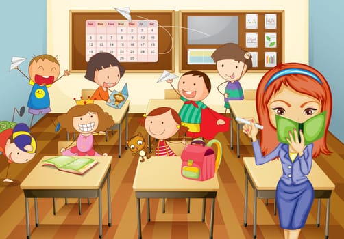 illustration of a kids studying in classroom