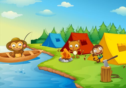 Illustration of camping animal characters