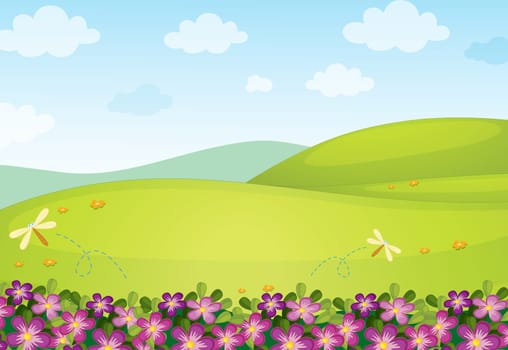 illustration of nature scene with flies and flowers