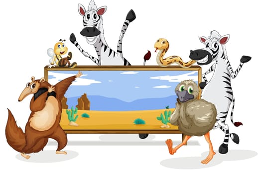 illustration of various animals and board on white