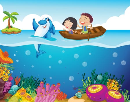Illustration of kids with a shark