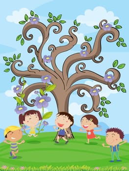 illustration of kids under a artistic tree