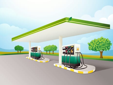 Illustration of a gas station scene