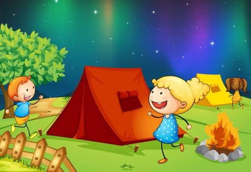 illustration of kids near fire in dark night