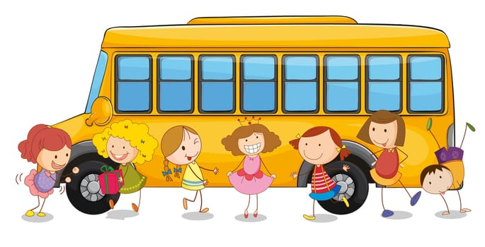 illustration of kids and school bus on a white