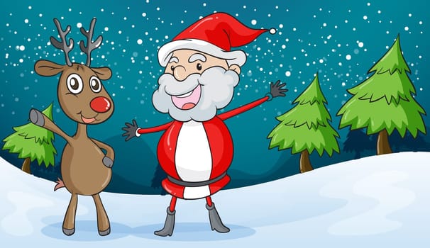 illustration of a santa claus and a reindeer in a beautiful nature