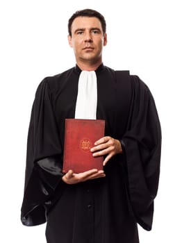 one caucasian lawyer man showing law book in studio isolated on white background