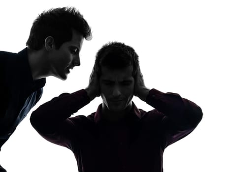 two caucasian young men domination concept shadow  white background