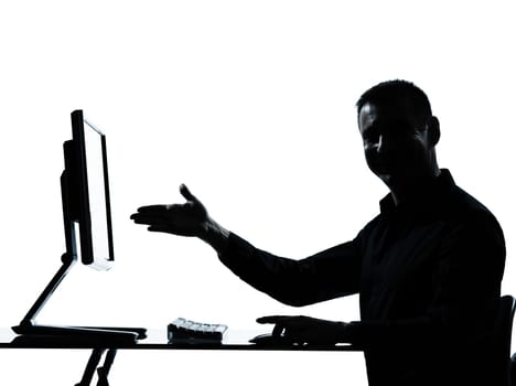 one caucasian business man showing gesture computer computing silhouette in studio isolated on white background