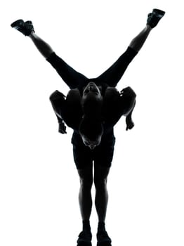 one couple man woman exercising workout aerobic fitness posture full length silhouette on studio isolated on white background