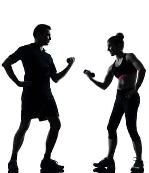one couple man woman exercising workout aerobic fitness posture full length silhouette on studio isolated on white background