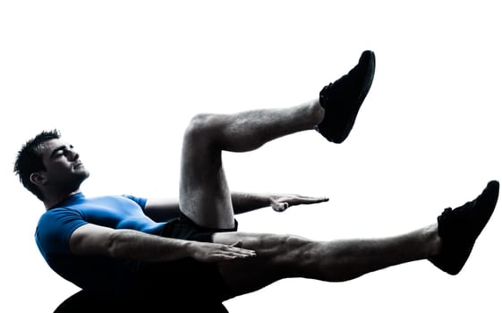one caucasian man exercising workout fitness in silhouette studio  isolated on white background