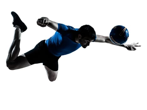 one caucasian man heading playing soccer football player silhouette  in studio isolated on white background