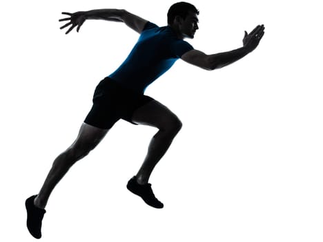 one caucasian man runner running sprinter sprinting  in silhouette studio  isolated on white background