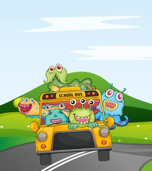 illustration of monsters in schoolbus on road