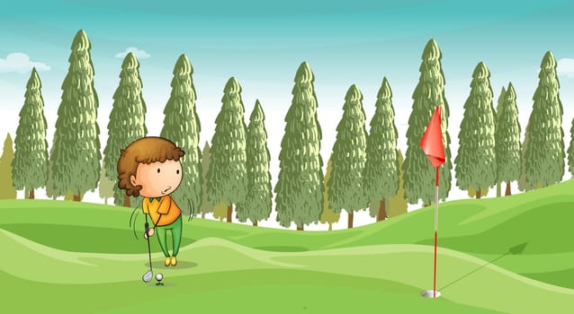 illustration of a boy playing golf in a beautiful nature