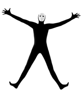 performer man mime with mask  happy saluting on studio isolated on white background