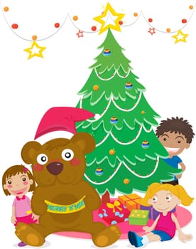 Illustration of children with teddy under Christmas tree