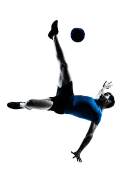 one caucasian man flying kicking playing soccer football player silhouette  in studio isolated on white background
