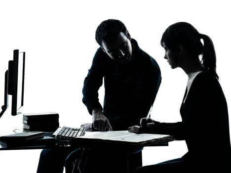 one man father professor and student teenager girl helping for homework in silhouette indoors isolated on white background