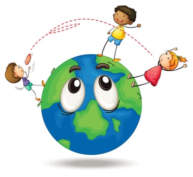 illustration of kids playing flying disc on a earth globe