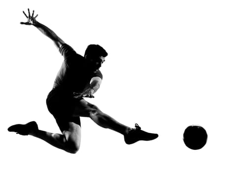 one caucasian man flying kicking playing soccer football player silhouette  in studio isolated on white background