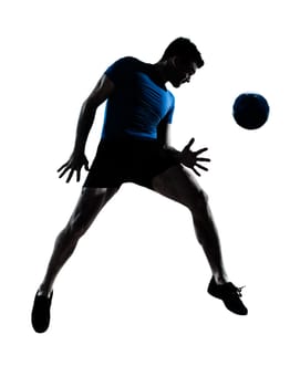 one caucasian man heading playing soccer football player silhouette  in studio isolated on white background