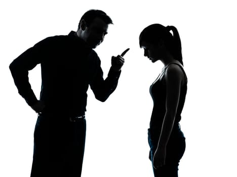one man and teenager girl dispute conflict  in silhouette indoors isolated on white background