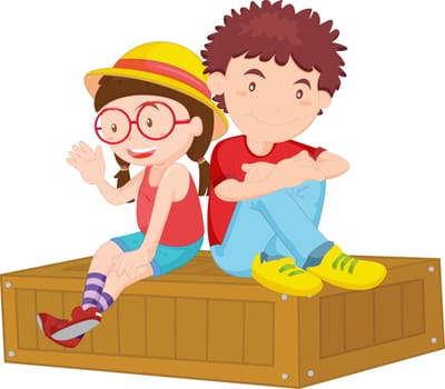 an illustration of a boy and girl sitting on a box