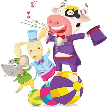 illustration of cow, mouse and rabbit on white