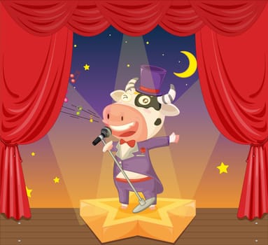 illustration of a singing cow on stage