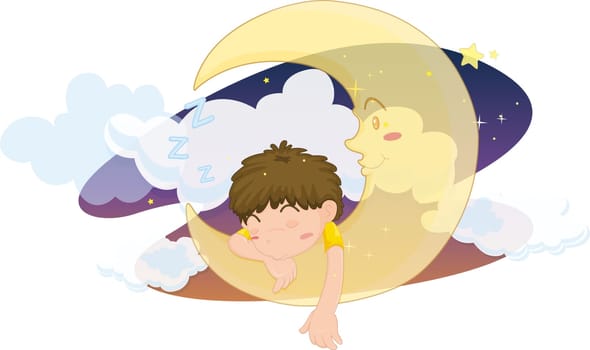 illustration of boy sleeping on moon