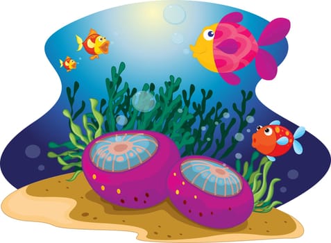 A collection of a fish around sea urchin