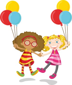 Two girls floating thanks to their balloons