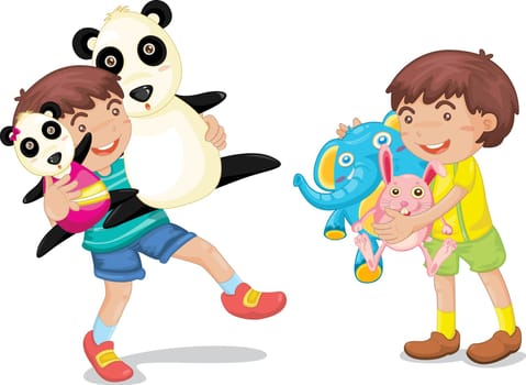 Illustration of  a boy with animal toys on white