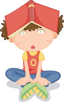Illustration of a boy with a book on head on white background