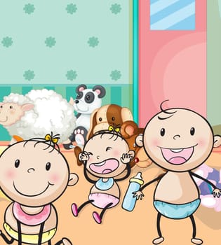 illustration of babies and animal toys in the room