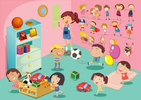 Illustration of childen in a bedroom