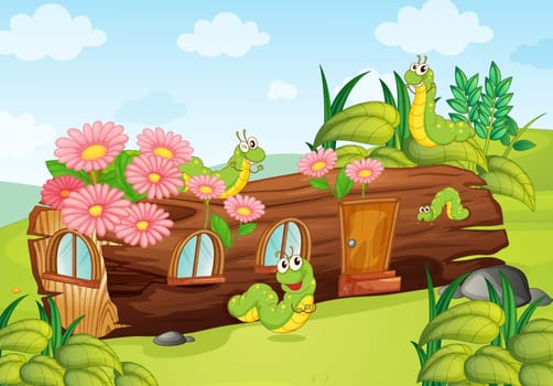 illustration of worms and wooden house