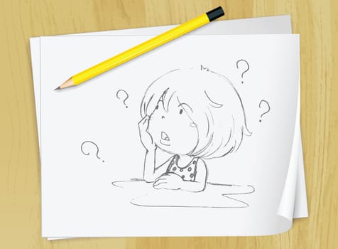 Realistic illustration of a sketch of a girl on a piece of paper