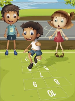 Kids playing hopscotch in park