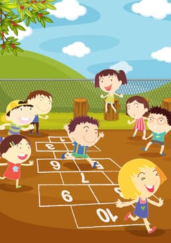 Illustration of kids playing hopscotch in a playground
