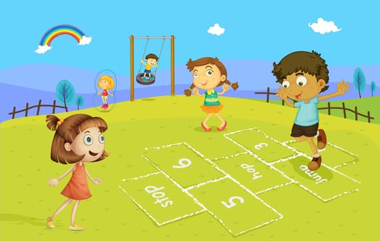 Illustration of kids playing hopscotch